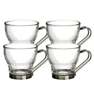 Bormioli Rocco Set 4 Glass Cappuccino Coffee Tea Cups Stainless Steel Handle